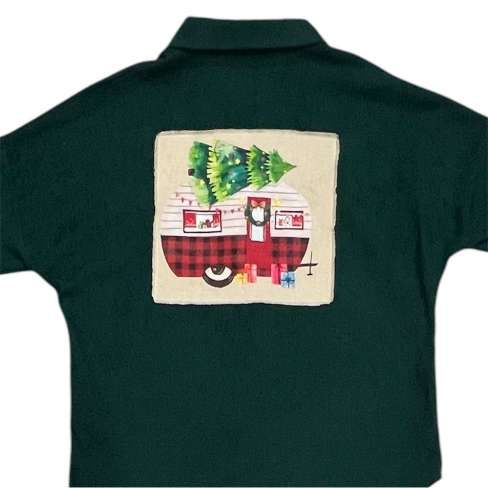 Green Corduroy Button Down with Festive Camper Christmas Tree Design Large - Picture 2 of 9